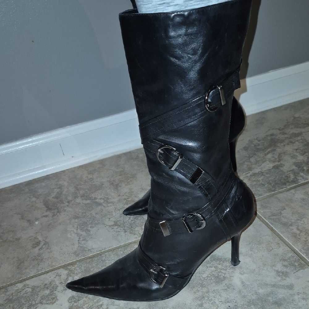 Black Heeled Boots with Buckle Straps and Stiletto Heel